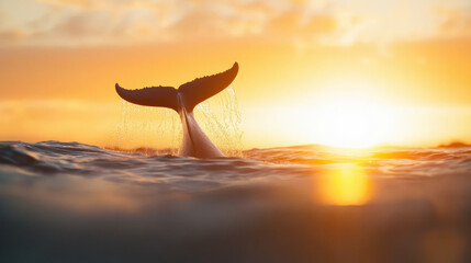 Poster - majestic whale tail emerges from ocean at sunset, creating serene atmosphere