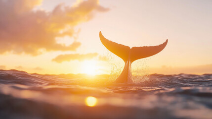 Poster - whale tail emerges from ocean at sunset, creating serene atmosphere. warm colors of sky reflect on water surface, enhancing tranquil scene
