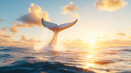 Poster - majestic whale tail emerges from ocean at sunset, creating stunning scene. warm colors of sky reflect on water surface, enhancing beauty