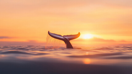 Poster - Whale tail emerging from ocean at sunset, creating serene atmosphere
