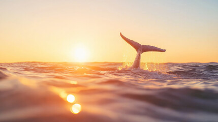 Poster - whale tail emerges from ocean at sunset, creating serene atmosphere. warm colors of sky reflect on water surface, enhancing tranquil scene