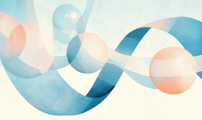 Poster - Abstract Pastel Art with Spheres and Curves in Soft Blues and Oranges