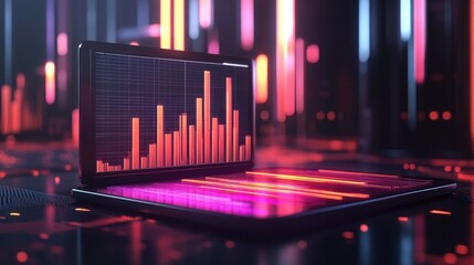 Poster - A dynamic D financial chart displayed on a tablet screen, with bars and lines indicating profit growth and market trends in a sleek, minimalist office environment.