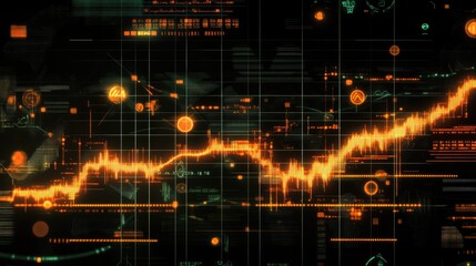 Poster - A dynamic financial graph with arrows and indicators showing the rise and fall of banking stocks, set against a dark background with glowing lines and data.