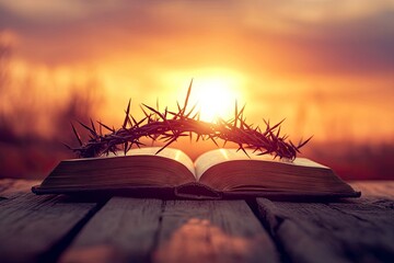 Wall Mural - Christian Cross and open book with a crown of thorns with a sunset scene background. Palm Sunday Concept 