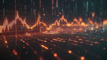 Poster - A dynamic financial graph with arrows and indicators showing the rise and fall of banking stocks, set against a dark background with glowing lines and data.