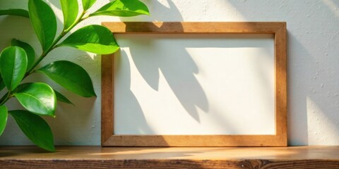 Poster - Sunlight illuminates a blank wooden frame beside vibrant green foliage