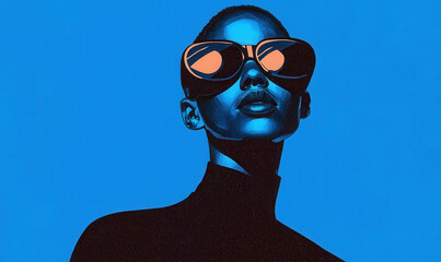 Poster - Vibrant Digital Portrait of a Person in High-Contrast Blue and Orange Color Scheme