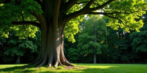 Aufkleber - Majestic Oak Tree in a Verdant Forest Setting at Dawn