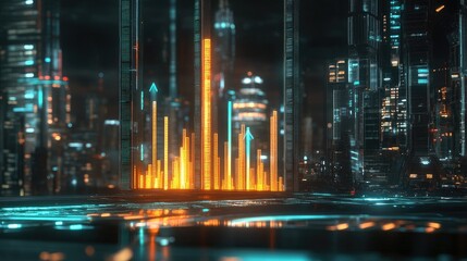 Poster - A futuristic holographic bar chart floating above a cityscape, with glowing bars representing financial markets, symbolizing economic progress and investment opportunities.