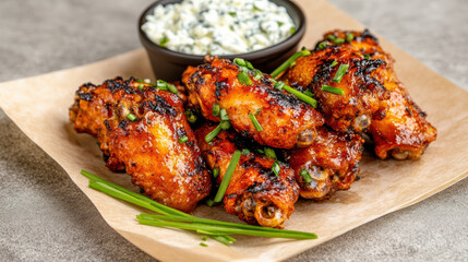 Poster - Delicious spicy chicken wings served with creamy dip and herbs