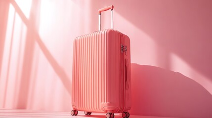 minimalist travel luggage bag in a radiant peach color, set against a pristine white background, evoking feeling of a sunny summer morning, with cabin size suitcase exuding, hd image