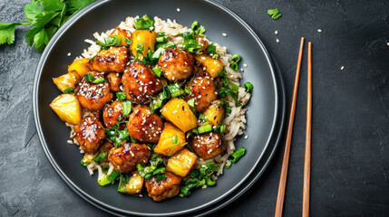 Poster - Delicious sweet and sour chicken served on rice with pineapple and herbs