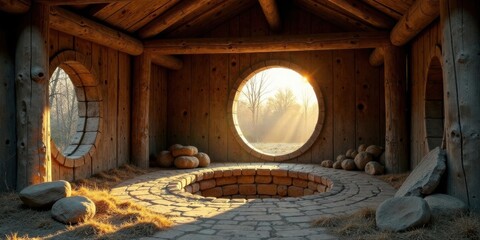 Poster - Serene Sunrise Illuminates Rustic Wooden Structure with Circular Windows and Stone Well