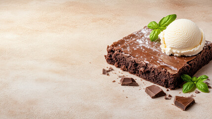 Wall Mural - Delicious chocolate fudge brownie topped with ice cream and mint leaves