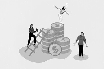 Poster - Creative collage template graphics image of diversity working team creating money growth project isolated drawing background