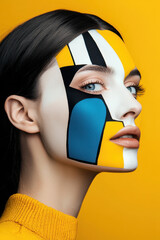Poster - Artistic Portrait with Geometric Face Paint and Bold Yellow Background