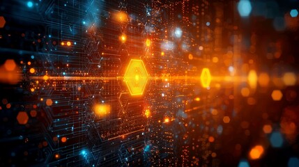 Poster - Abstract Digital Network: Futuristic Technology Background.  Cyberpunk Style.  Hexagon Pattern.  Orange and Blue Hues.