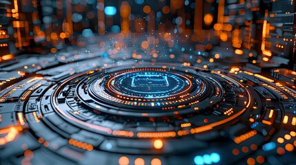 Poster - Abstract Futuristic Technology Interface: Digital Cyberpunk Network System.  A mesmerizing blend of science fiction and modern design, showcasing innovation and progress in the digital realm.