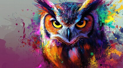  A colorful, artistic depiction of an owl with vibrant splashes of paint.