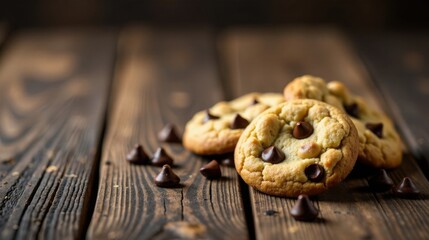 Poster - Delicious Chocolate Chip Cookies on Rustic Wooden Table