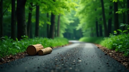 Aufkleber - Serene forest path with wooden logs resting by the roadside
