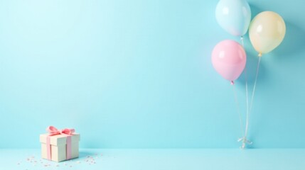 Aufkleber - Pastel Balloons and Gift Box on Light Blue Background