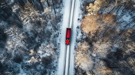 Poster - Arial view of red heavy truck on a narrow road trough the forest