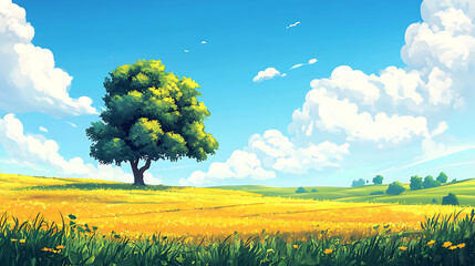Aufkleber - Beautiful bright colorful summer spring landscape with lonely tree on field, fresh green grass on meadow and blue sky with clouds