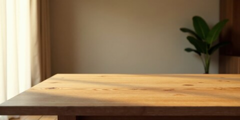 Aufkleber - Warm Sunlight Illuminates a Smooth Wooden Tabletop in a Peaceful Room