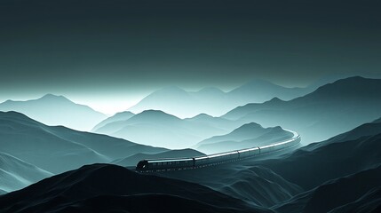 Canvas Print - Futuristic train traversing misty mountain range at night.