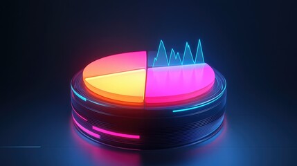 Poster - A rotating D pie chart with glowing financial data labels, illustrating the distribution of assets in a corporate investment portfolio on a sleek digital platform.