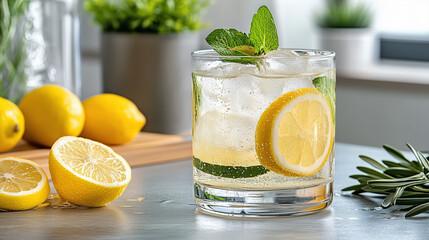 Wall Mural - Refreshing glass of sparkling lemon drink with ice and mint leaves