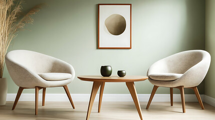Poster - Ellipse table and two chairs near mint sofa against light green wall with art frame poster, scandinavian, mid-century home interior design of modern living room