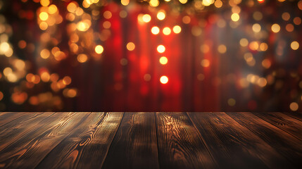 Poster - Empty wooden table top with lights bokeh on blur restaurant background