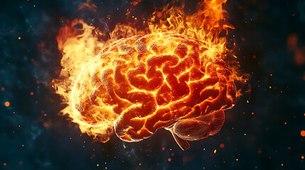 Poster - Front view of brain on fire, exploding brain, disease concept like parkinson's, alzheimer's, dementia or multiple sclerosis