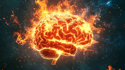 Poster - front view of brain on fire, exploding brain, disease concept like parkinson's, alzheimer's, dementi