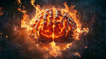 Poster - Front view of brain on fire, exploding brain, disease concept like parkinson's, alzheimer's, dementia or multiple sclerosis