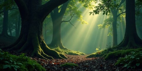 Poster - Mystical Forest Path Sunbeams Illuminate Ancient Trees and Mossy Roots