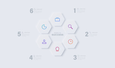 Neumorphic element for infographic. Template for diagram, graph, presentation and chart. 6 Steps or options