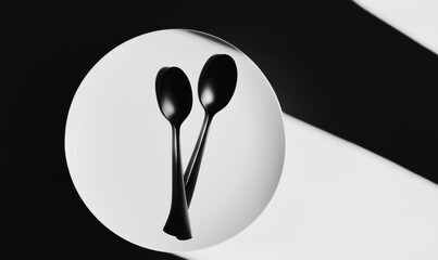 Poster - Minimalist Black and White Photo of Two Black Spoons on a White Plate with Geometric Shadows