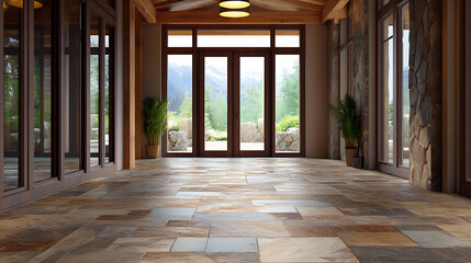 Poster - Hallway with stone tiled floor and wooden lining paneling walls, rustic home interior design of modern entrance hall with glass door