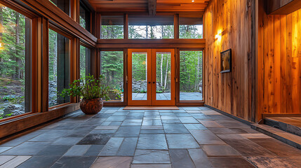 Poster - hallway with stone tiled floor and wooden lining paneling walls, rustic home interior design of mode