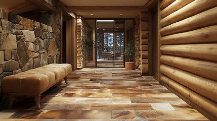Poster - Hallway with stone tiled floor and wooden lining paneling walls, rustic home interior design of modern entrance hall with glass door