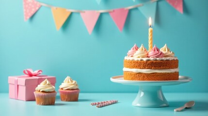 Poster - A delightful birthday celebration setup with a two-layered cake, cupcakes, and a gift