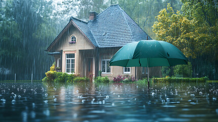 Poster - House covered with green umbrella to protect it from rain and storm, flood on the streets, concept of home insurance