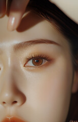 Aufkleber - 綺麗な若いアジア人女性の目元のクローズアップ。目・まつ毛・眉毛の美しいメイクの美容ポートレート。縦型のインスタグラム投稿イメージ。