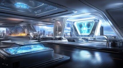 Poster - Futuristic spaceship interior with city view.