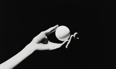 Poster - Minimalist Black and White Photo of Hand Holding Sphere Against Dark Background