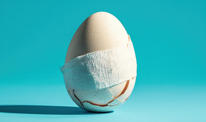 Poster - Conceptual Image of Fragility and Renewal with Cracked Egg on Vibrant Blue Background